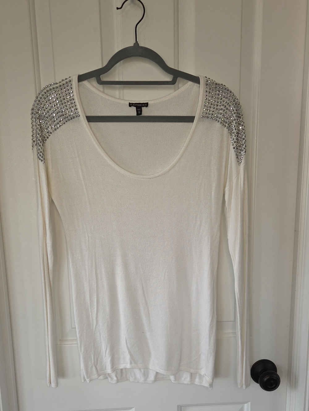 Express White Long-Sleeve Sweater with Crystal Shoulder Accents